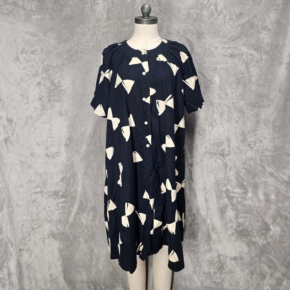 Sukiya Dress Womens L Black White Bow Print Cotton Short Sleeve Oversized Artsy